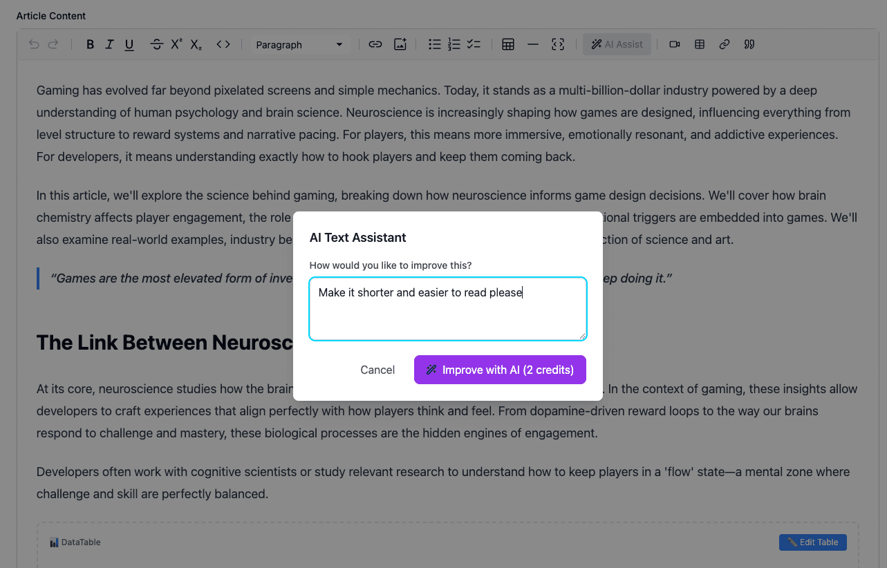 SEOZilla article editor with AI text assistant